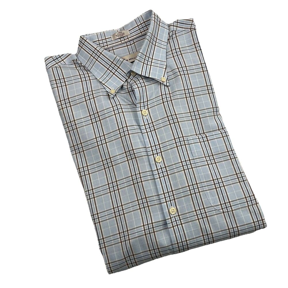 Peter Millar Mens Button Up Shirt White Blue Plaid Long Sleeve-L